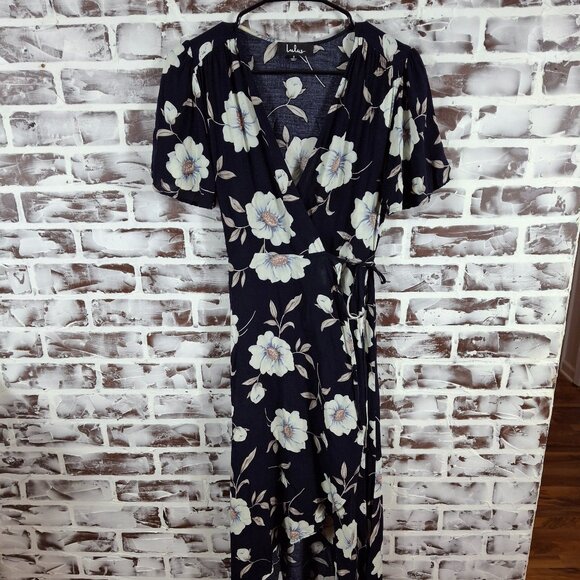 Lulus Small Wrap Dress Maxi Black White Floral Short Sleeves - Picture 1 of 5